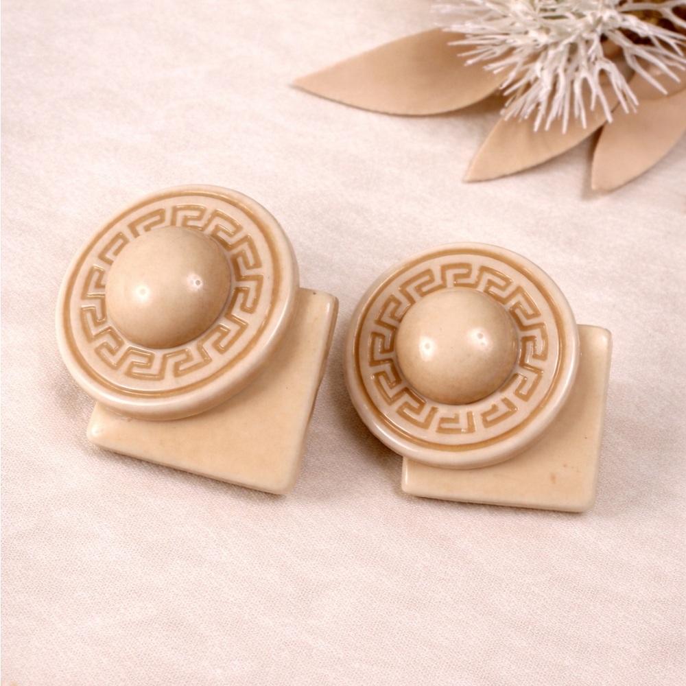 Vintage Cream Greek Key Clip On Earrings Geometric Ivory Tone Retro 1980s
